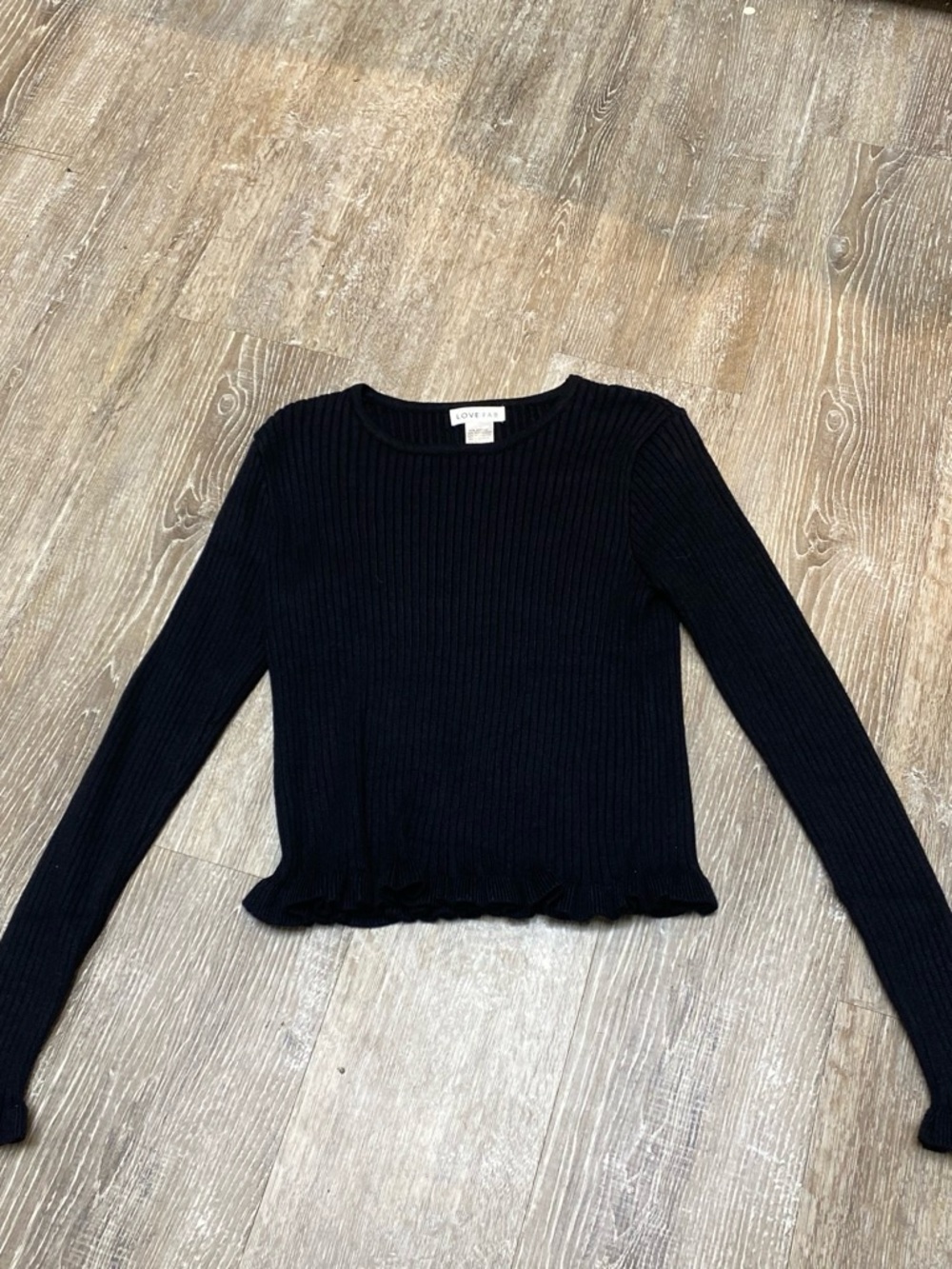 Love Tree Black Ribbed Lettuce-Hem Long Sleeve Tee